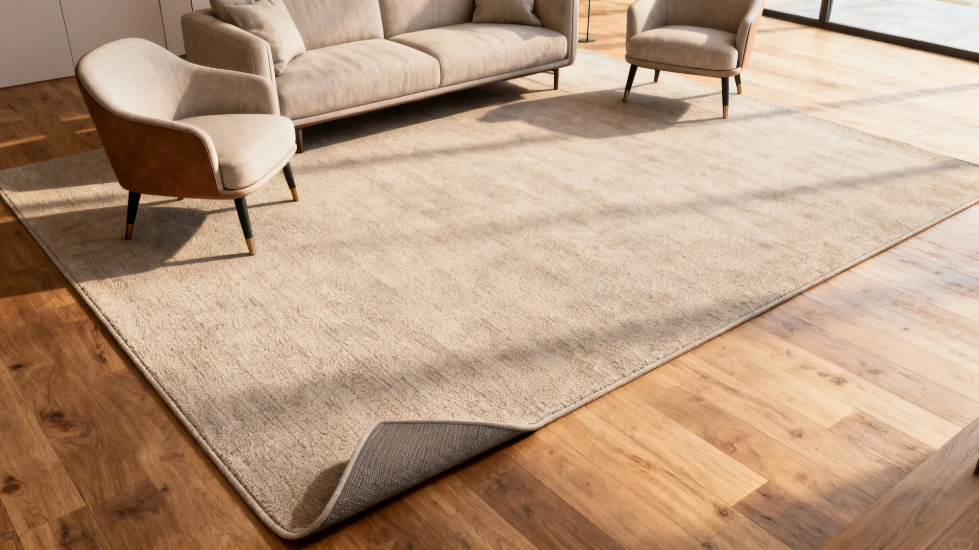 Living room with an oversized rug anchoring sofa and chairs, visually expanding the space.