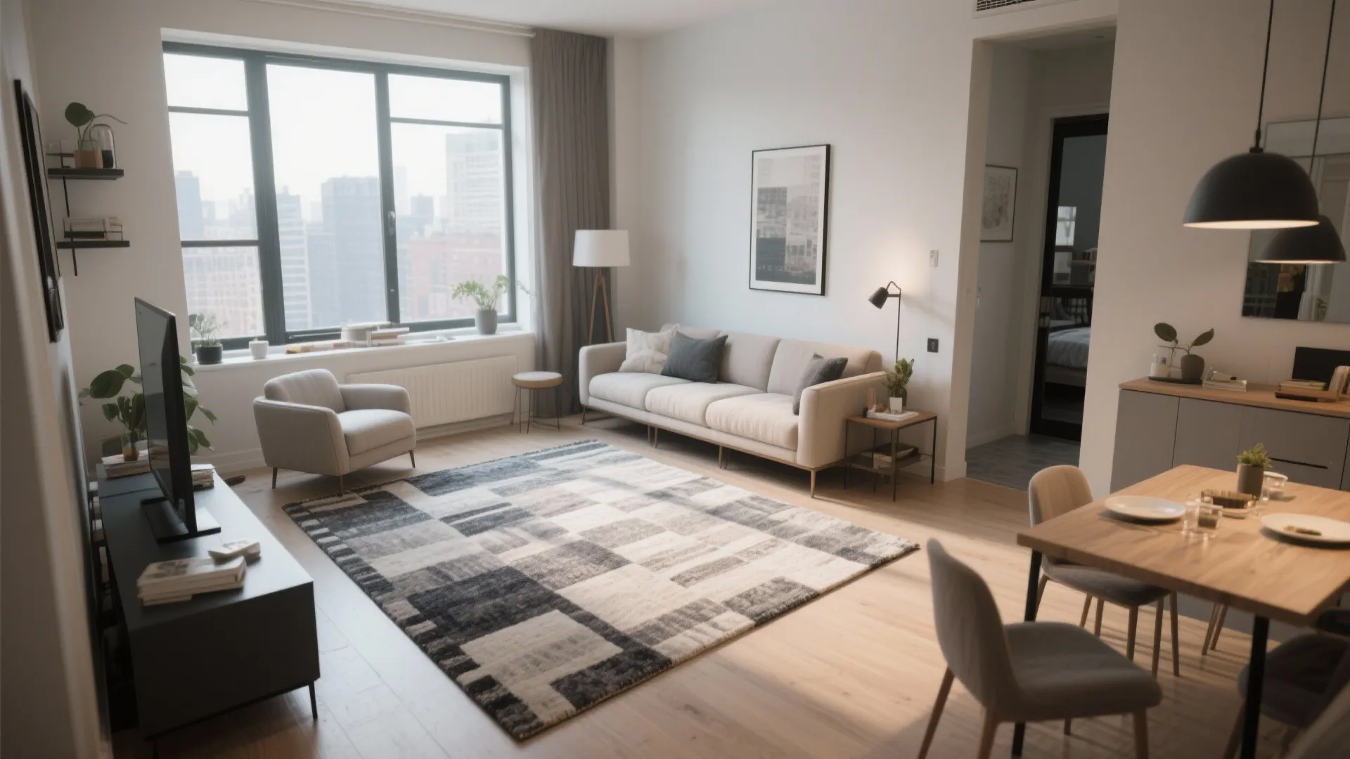 Bright living room with city view window plus a grey sofa and large checkered rug