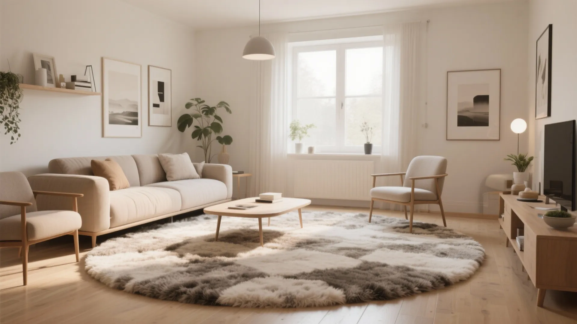Modern living room featuring large round textured rug sofa coffee table and bright sunny windows
