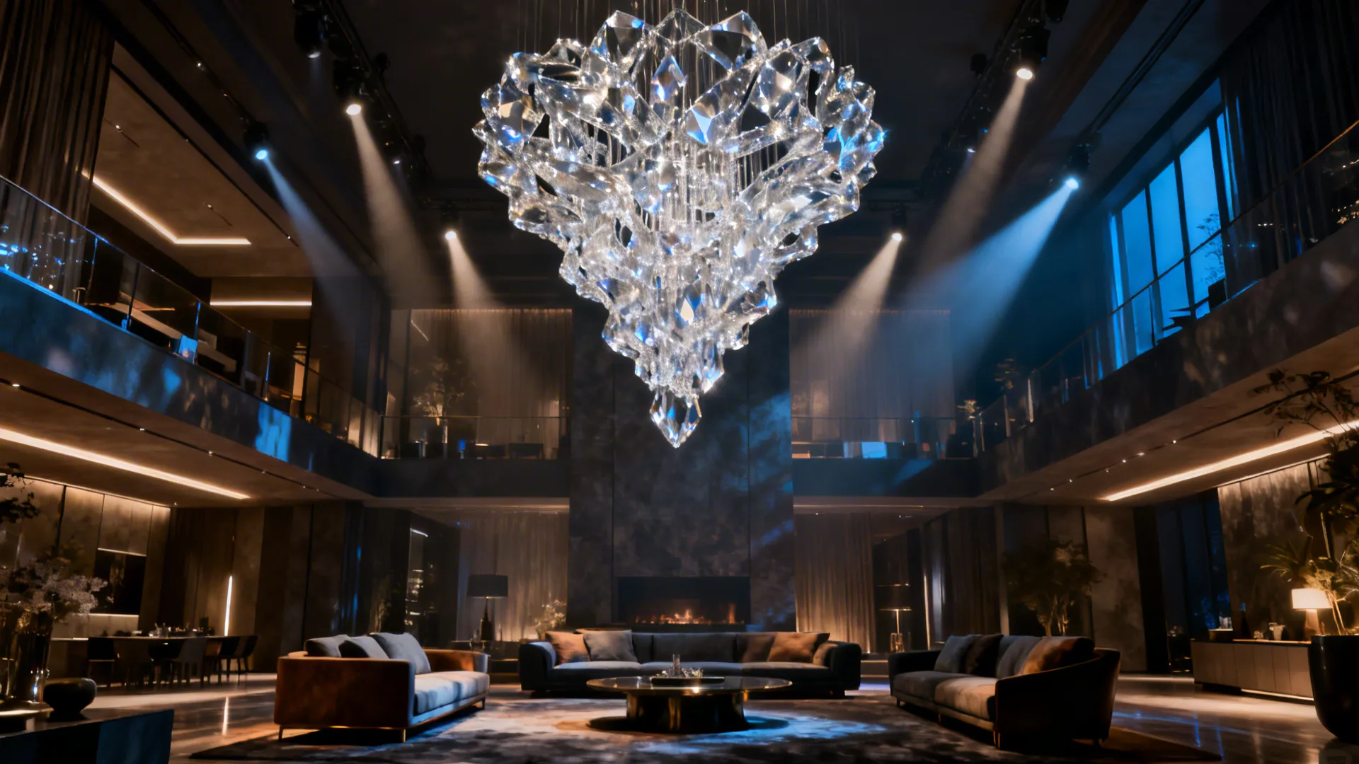 High-ceiling living room featuring an oversized sculptural crystal chandelier as a modern art focal point.