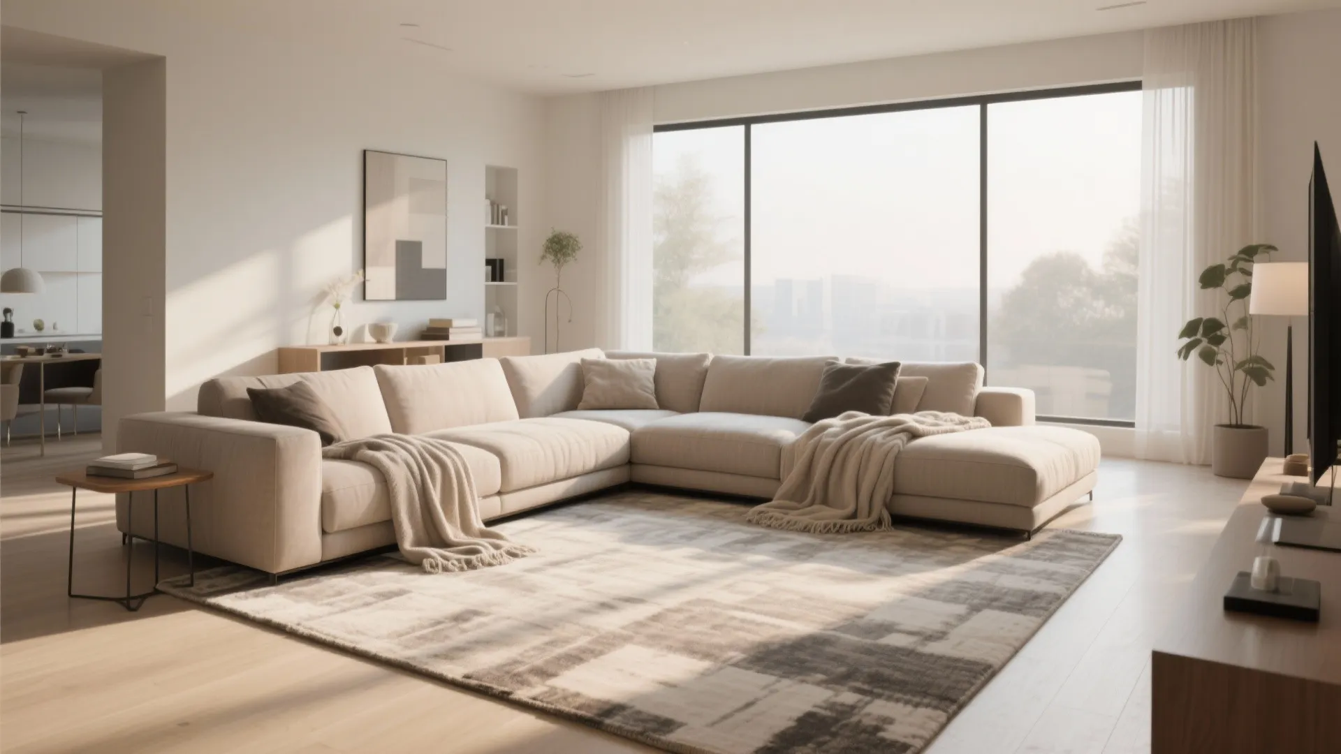 Large living room with oversized sectional sofa and central rug