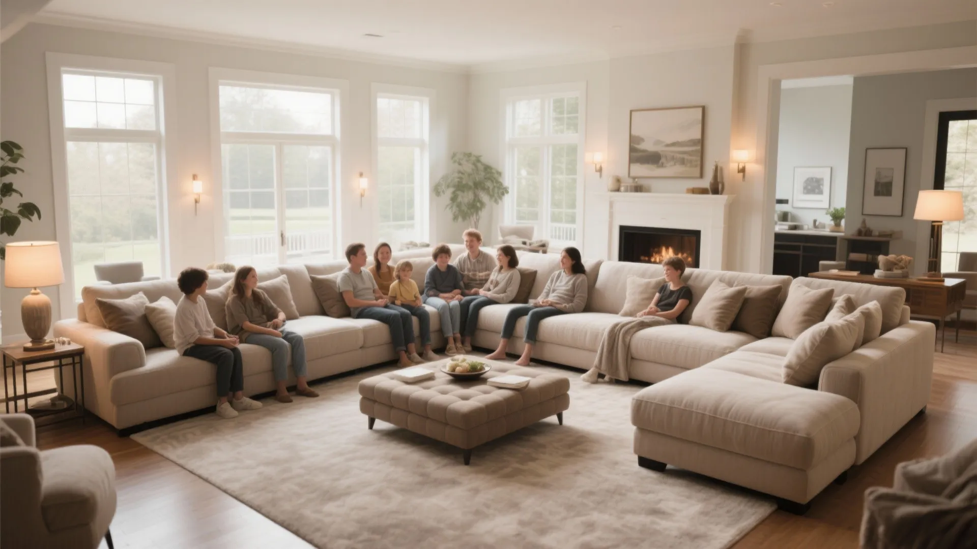 Large family sitting together on a beige sectional sofa in a bright living room layout