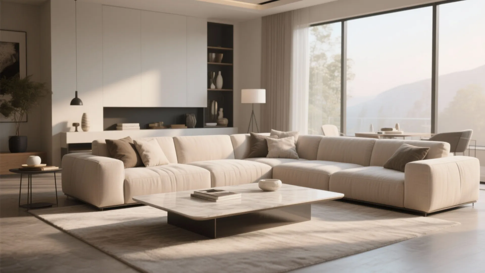 Modern bright living room with large beige sofa marble coffee table and big glass windows