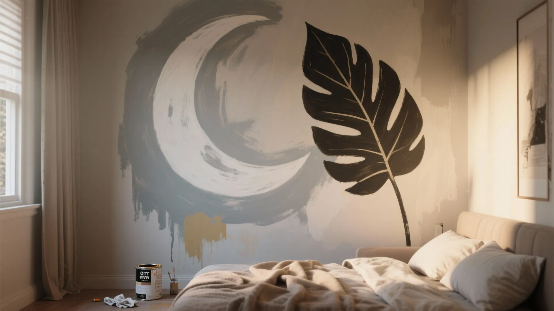 Small room with an oversized single-shape mural like a bold leaf or moon, showing large brush strokes and cozy decor.