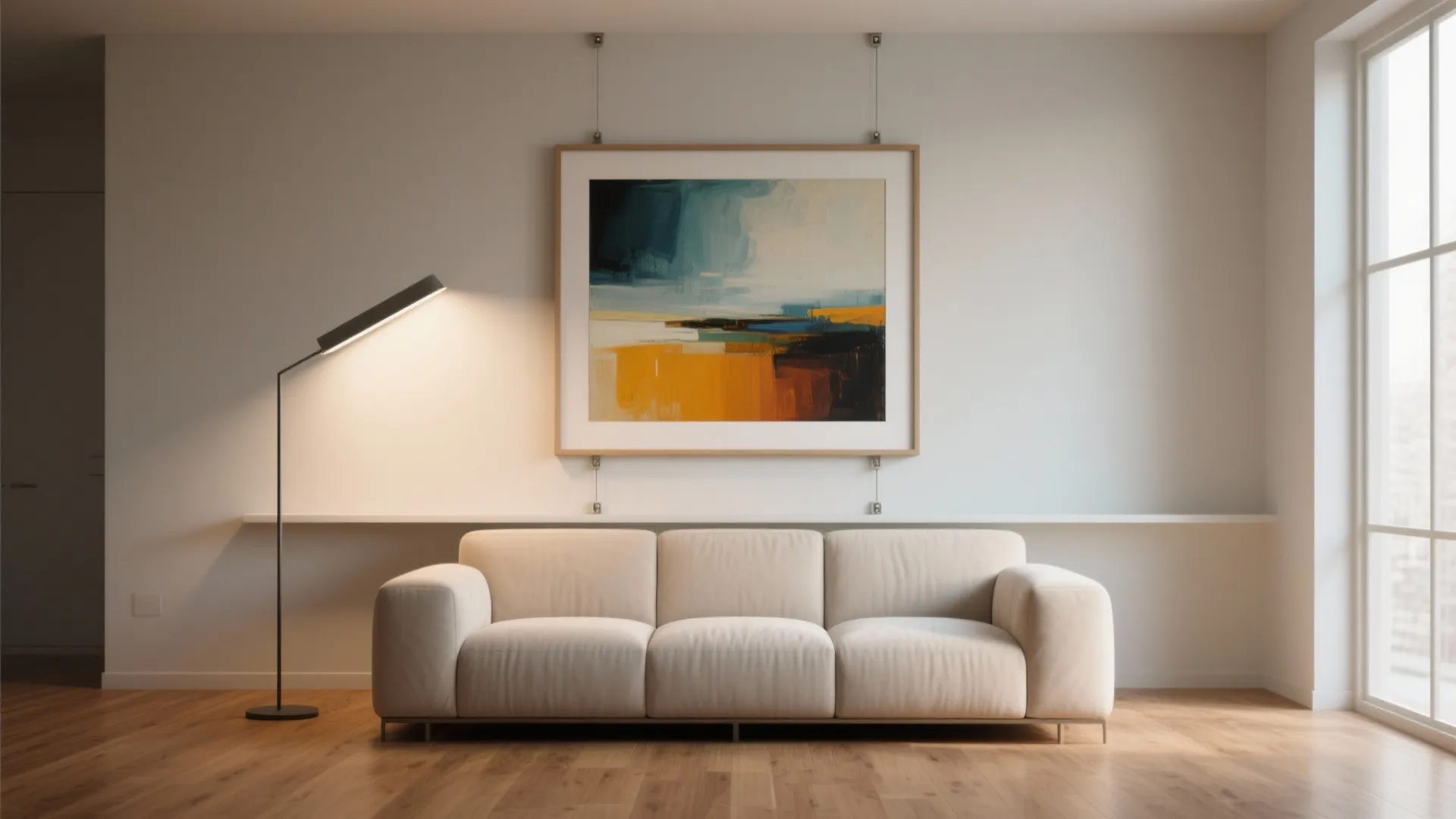 Minimalist living room with white sofa black floor lamp and large abstract painting on wall