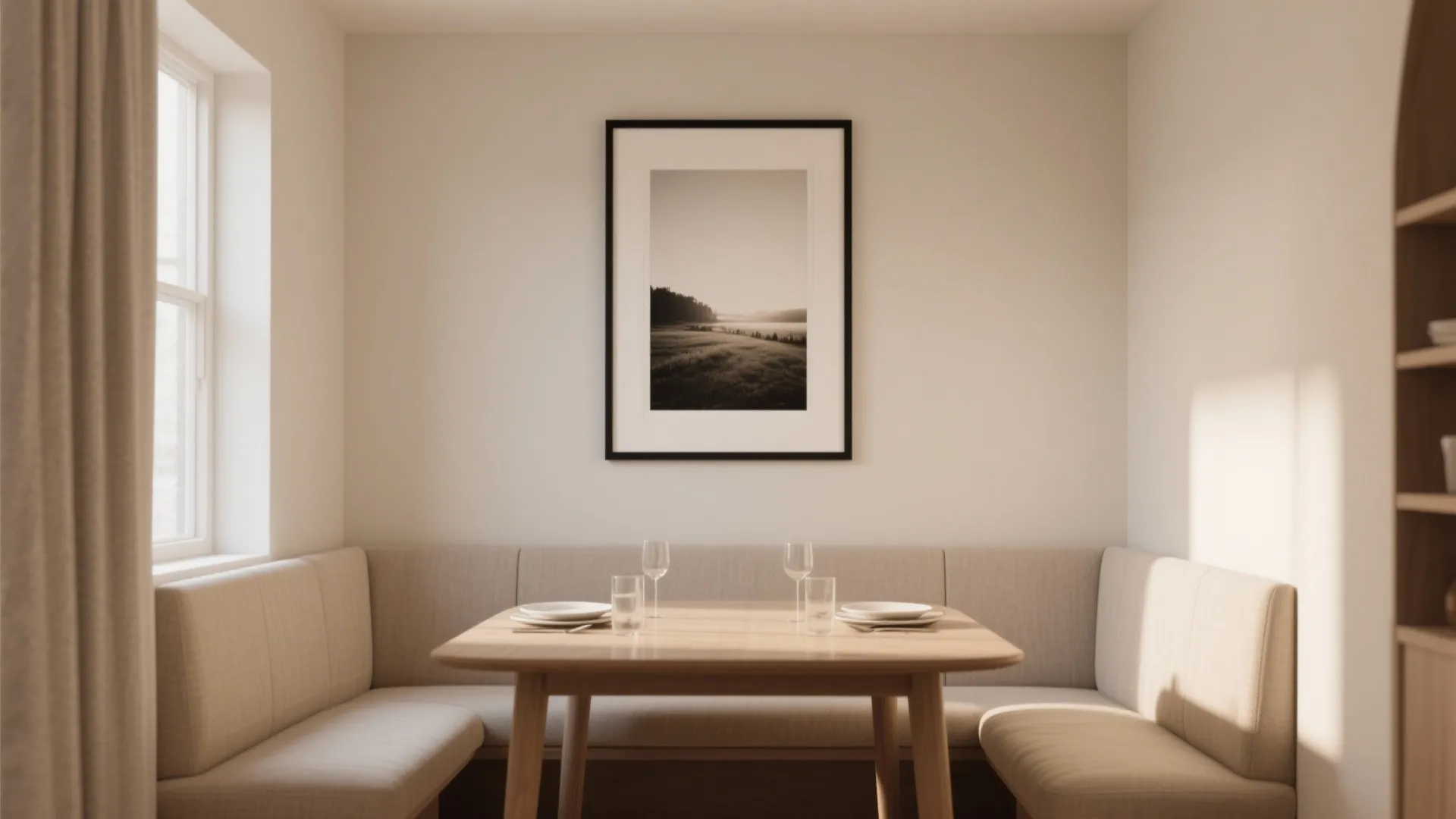 Dining area with a single oversized framed print centered above the table, thin frame and warm neutrals