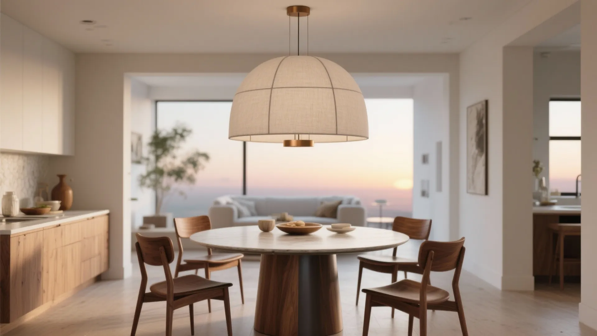 Modern dining room with round wooden table four chairs and large beige dome ceiling light