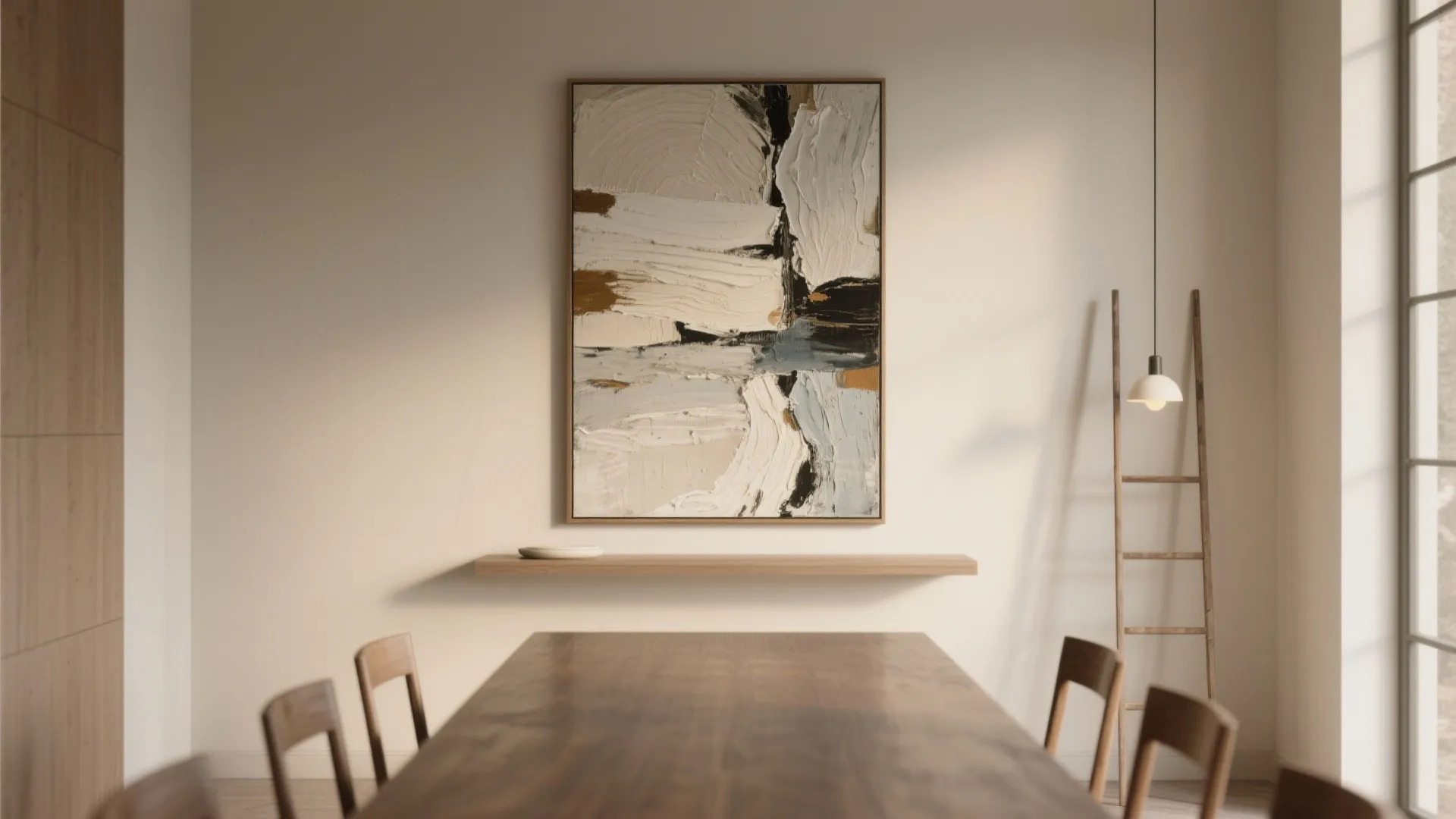Dining table with a single oversized abstract canvas on the long wall, soft daylight and minimalist decor.