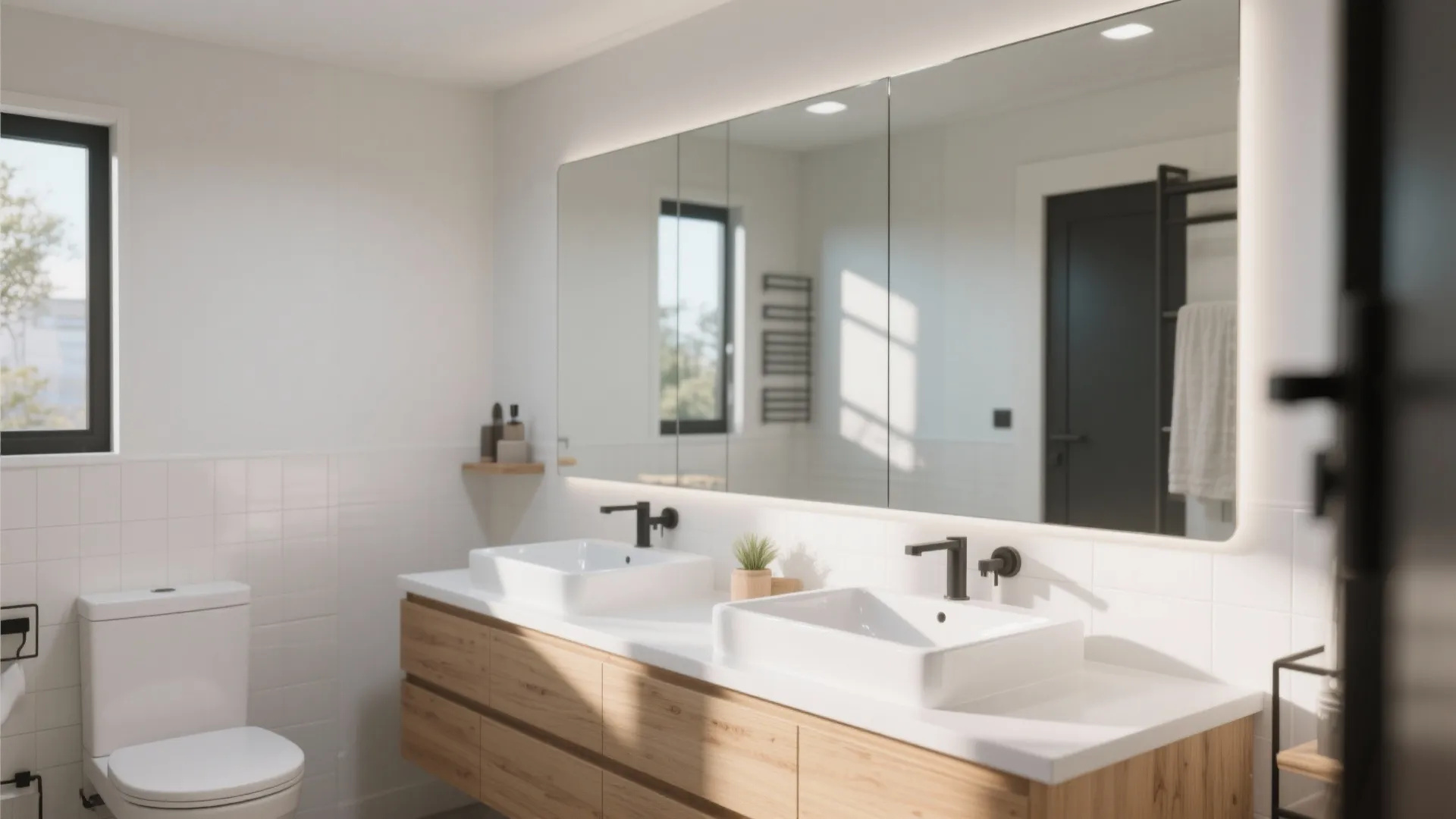 Bright bathroom with large backlit mirror over wood vanity with double sinks and white toilet