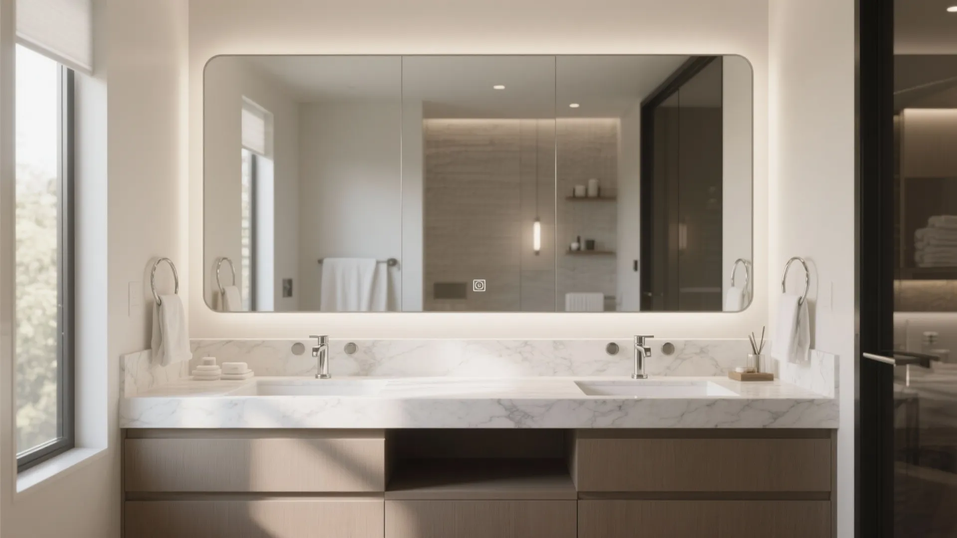 Large rectangular bathroom mirror with built in light over marble double sink vanity and cabinet