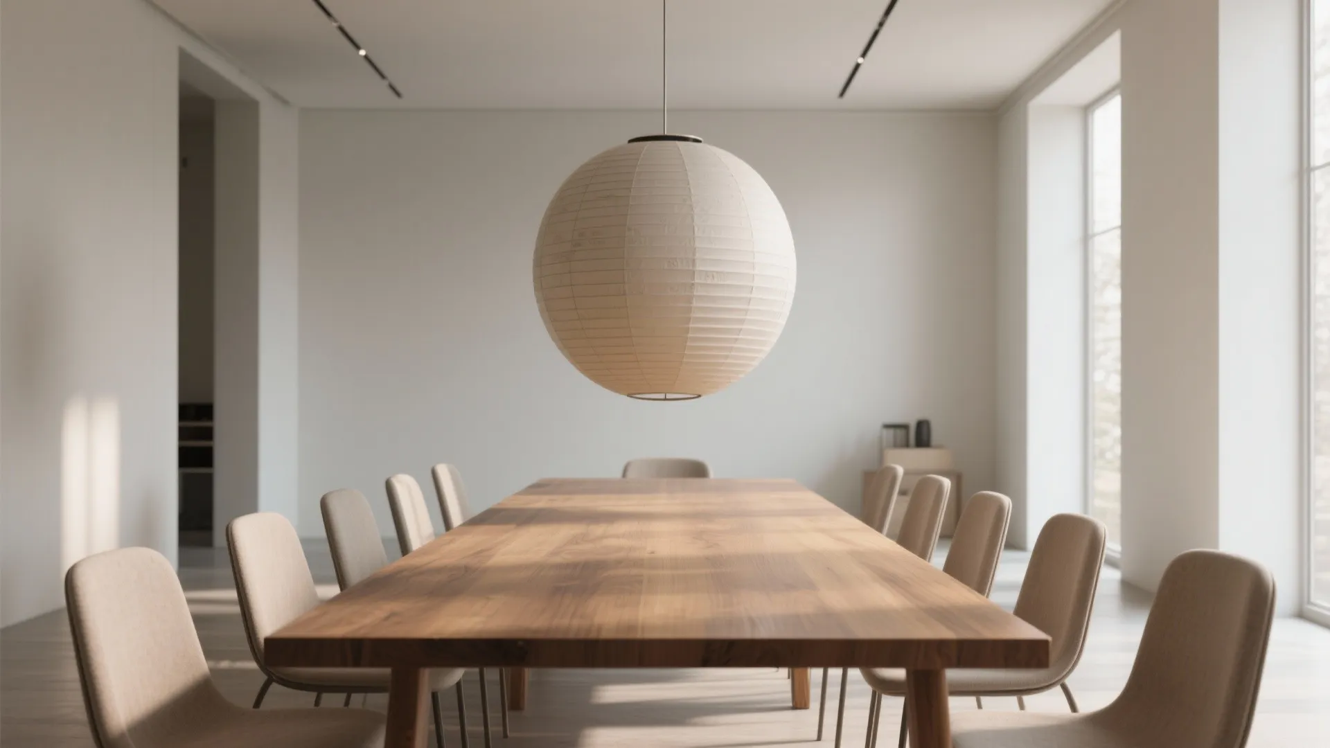 Minimalist dining room with long wooden table beige chairs large round ceiling light and white walls