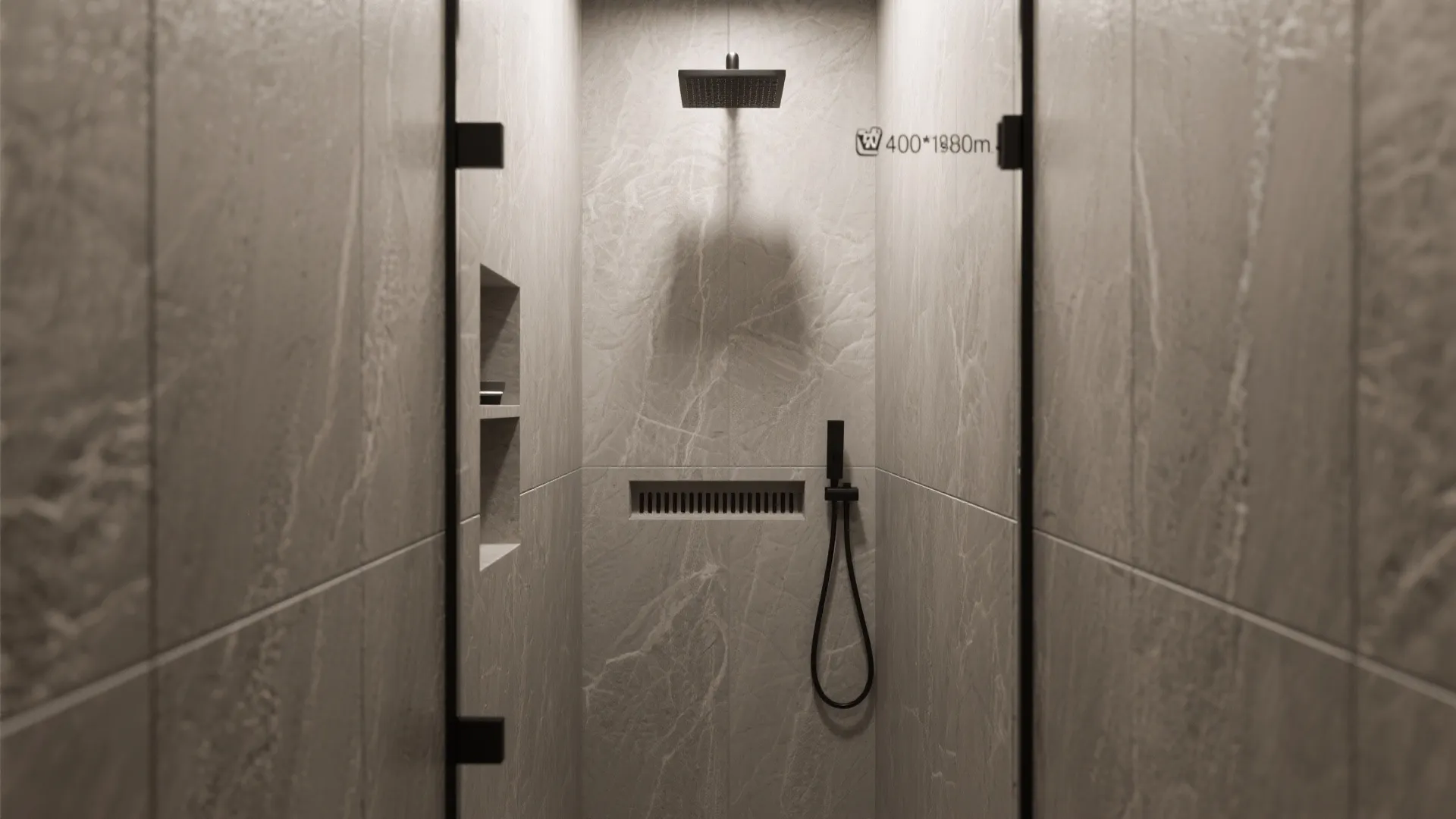 Modern walk-in shower room with large grey wall tiles a black shower head and handle