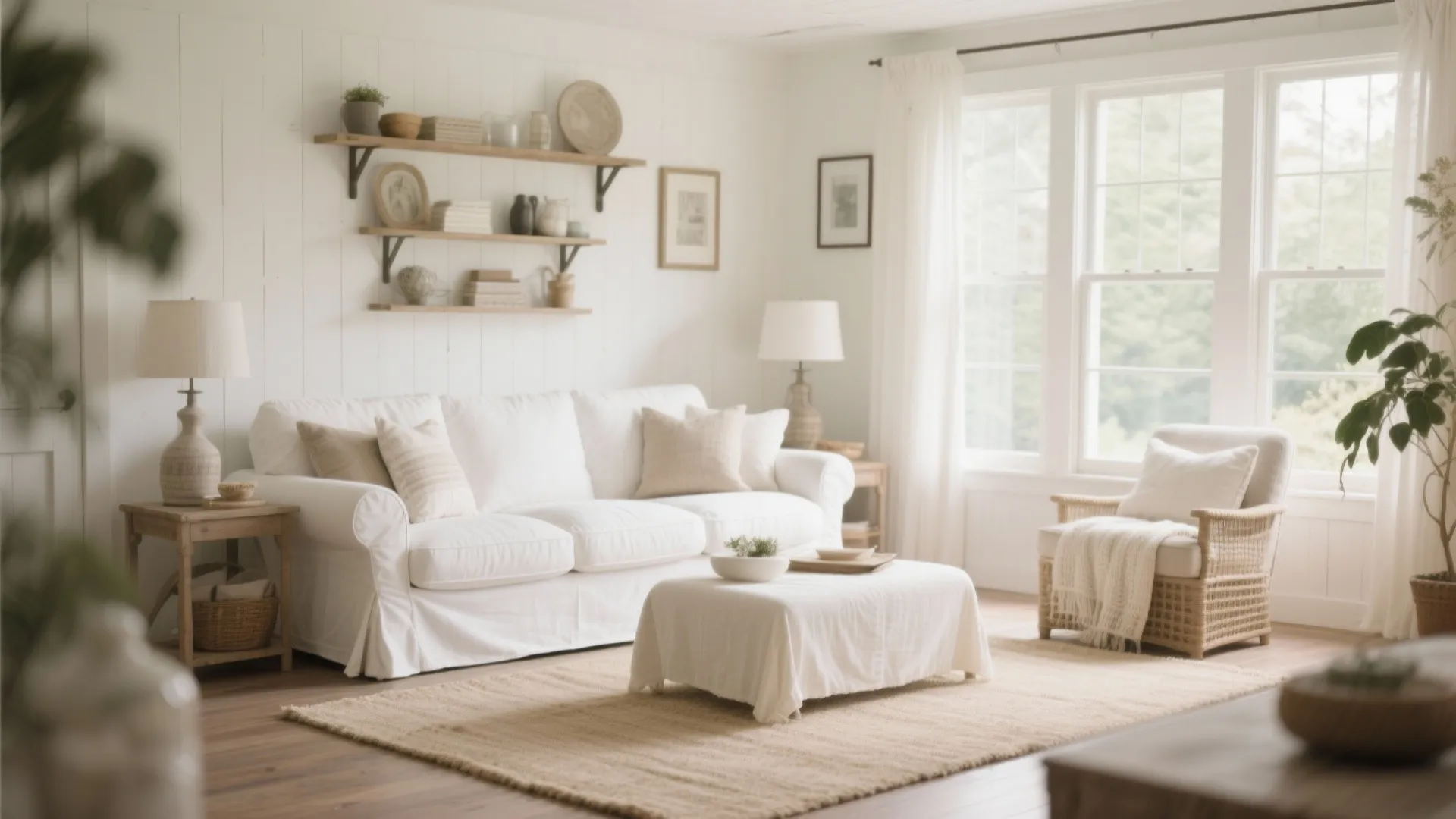 Oversized white slipcovered sofa in a bright farmhouse living room