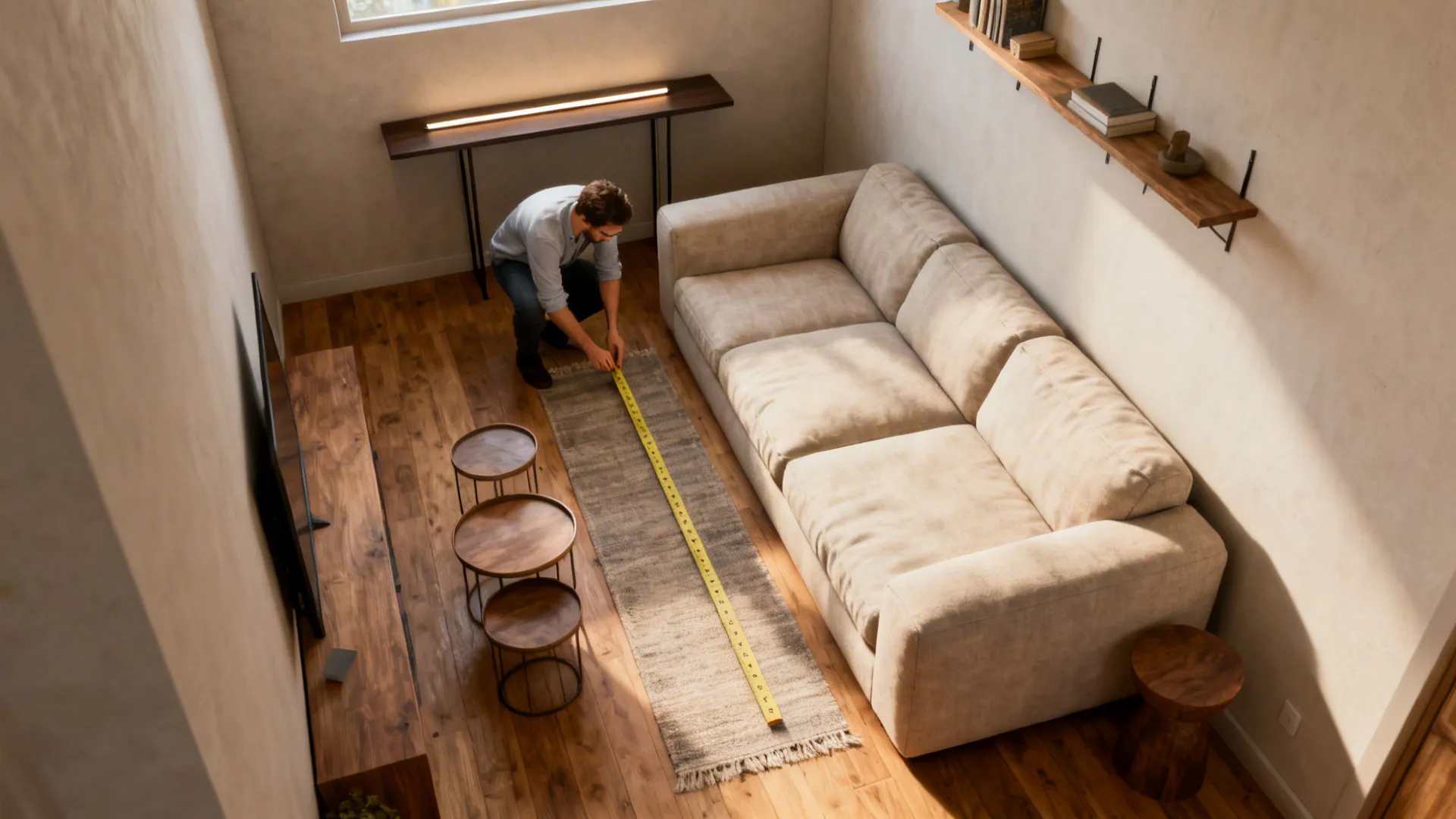 High angle view of a man using yellow tape measure for rug in living room area