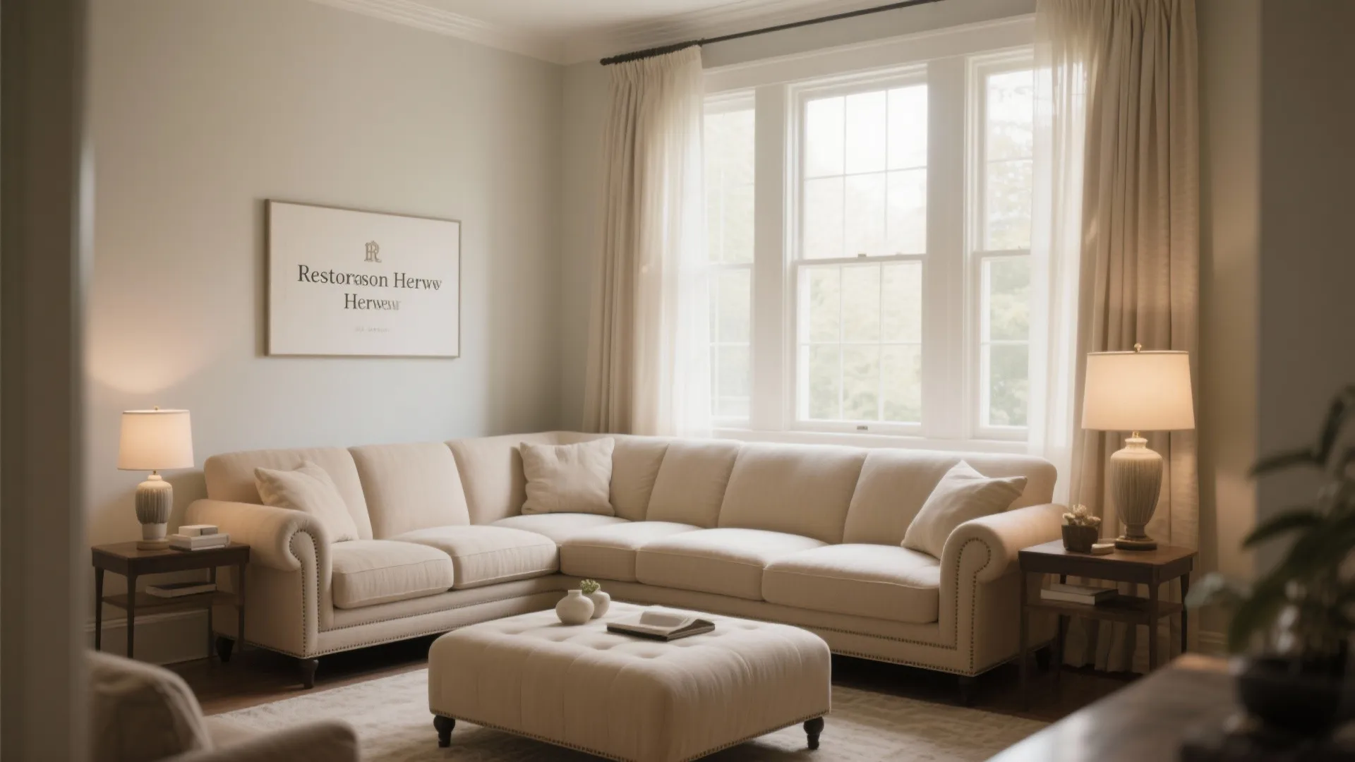 Oversized beige sectional sofa in a small living room with airy lighting