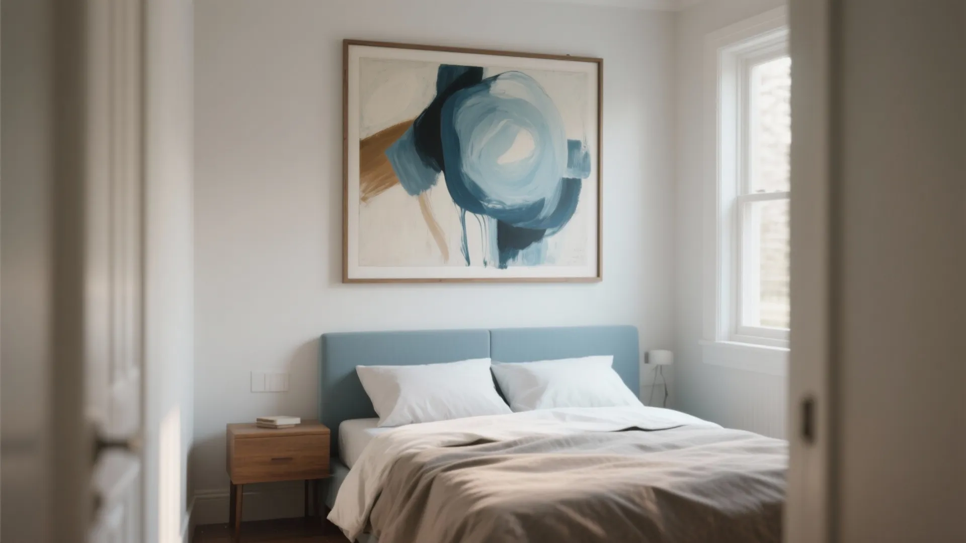Minimalist bedroom with a blue headboard and large blue abstract painting on a white wall