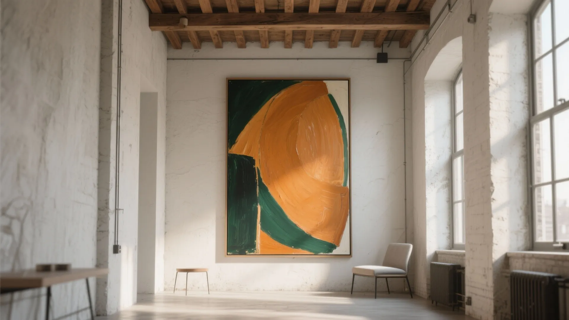 Large abstract painting on white wall in empty room with wood ceiling and side chair