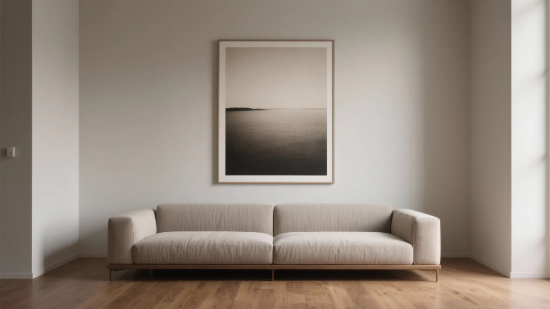 Living room with one oversized canvas centered above a sofa, creating a single bold focal point.