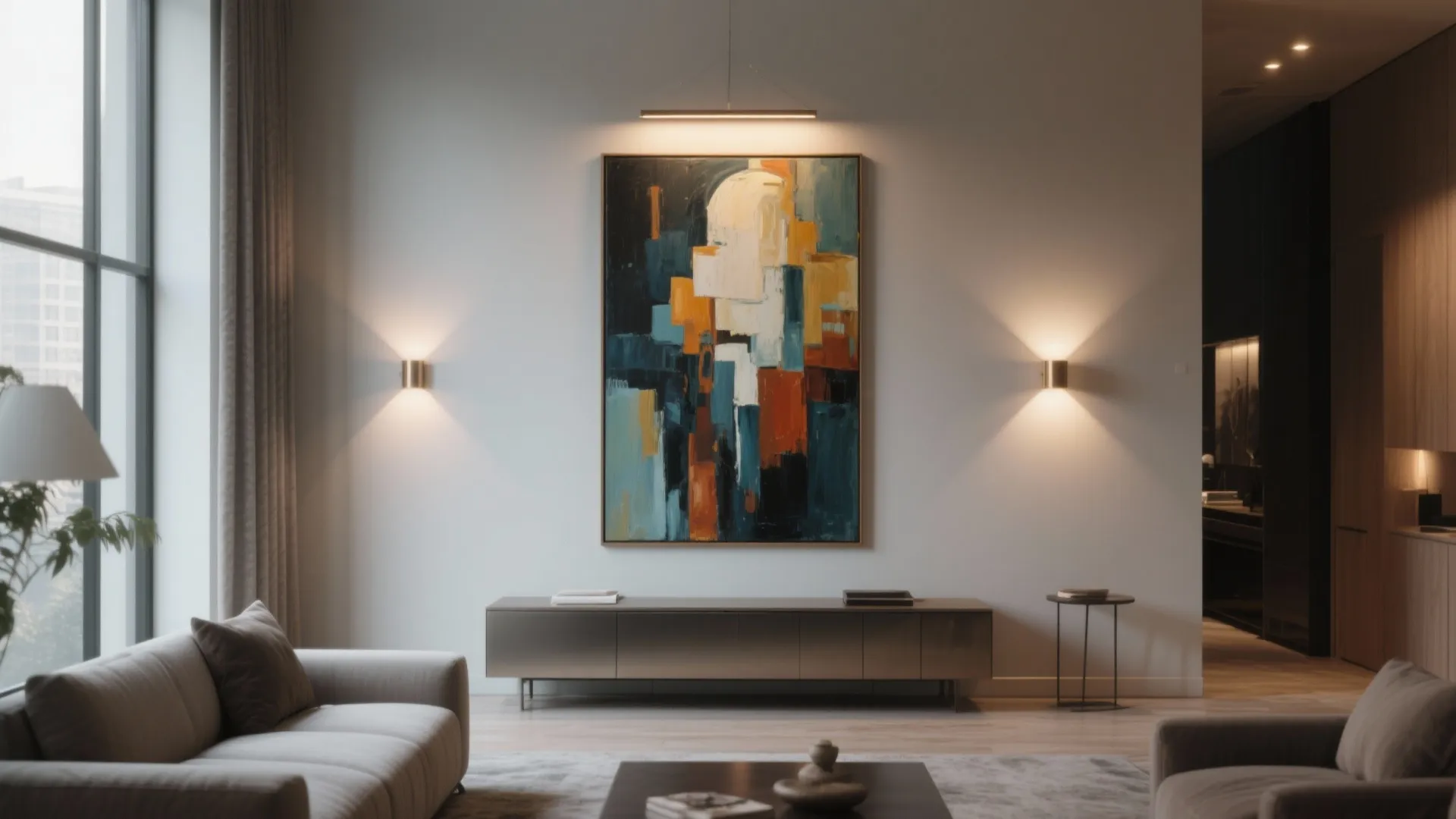 A tall wall displaying one bold, oversized painting above a low sofa with warm track lighting.