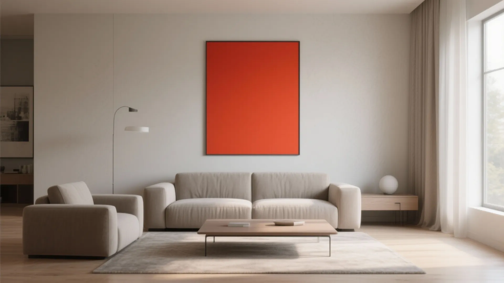Minimalist living room with beige sofa wooden coffee table and a large orange wall painting