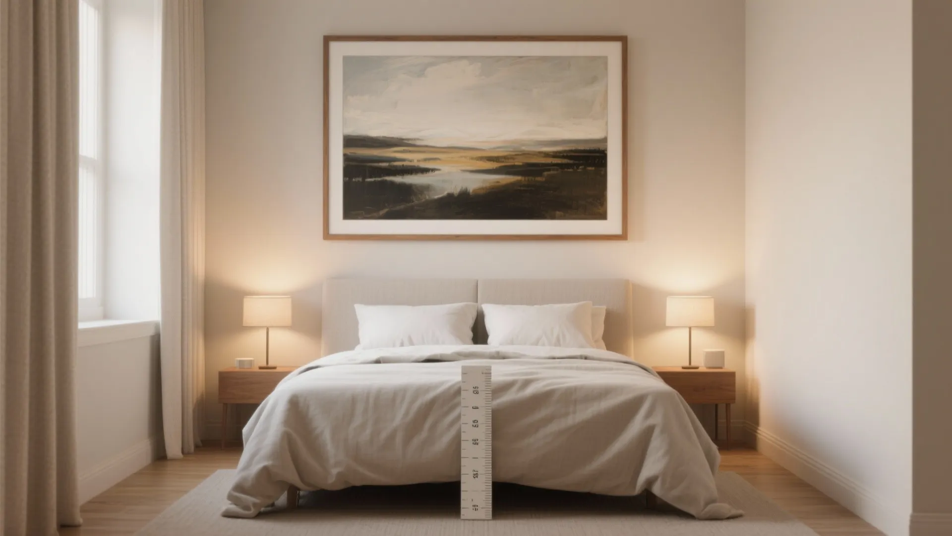 Symmetrical minimalist bedroom design showing a large landscape painting above the bed with two lamps