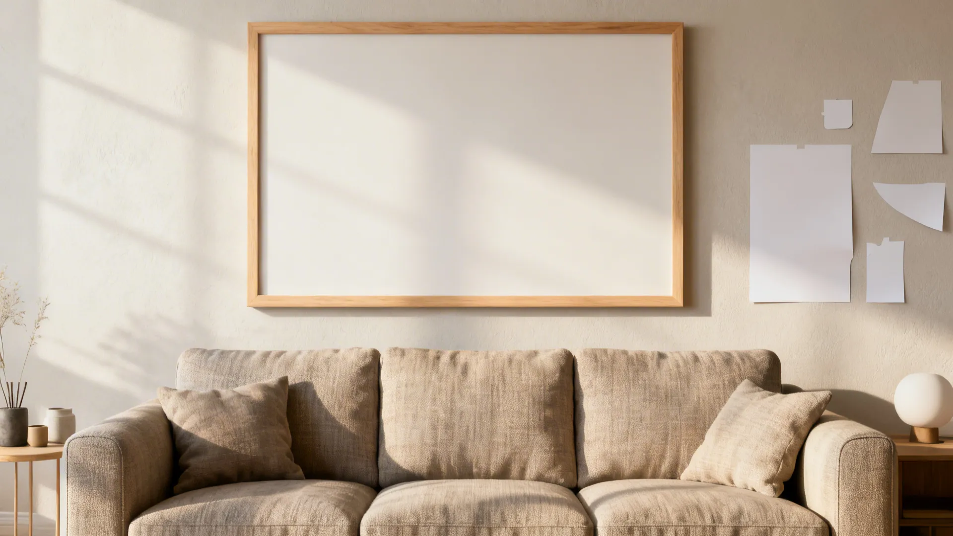Sofa with one oversized framed canvas above, showing scale and neutral framing.