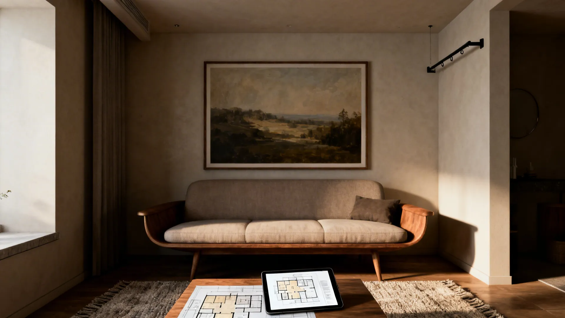 Small seating area anchored by a large framed artwork above a loveseat, with a tablet showing a 3D floor planner.