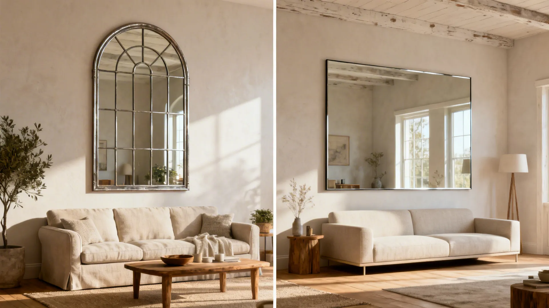Two variations of oversized statement mirrors above sofas: arched metal frame and sleek frameless