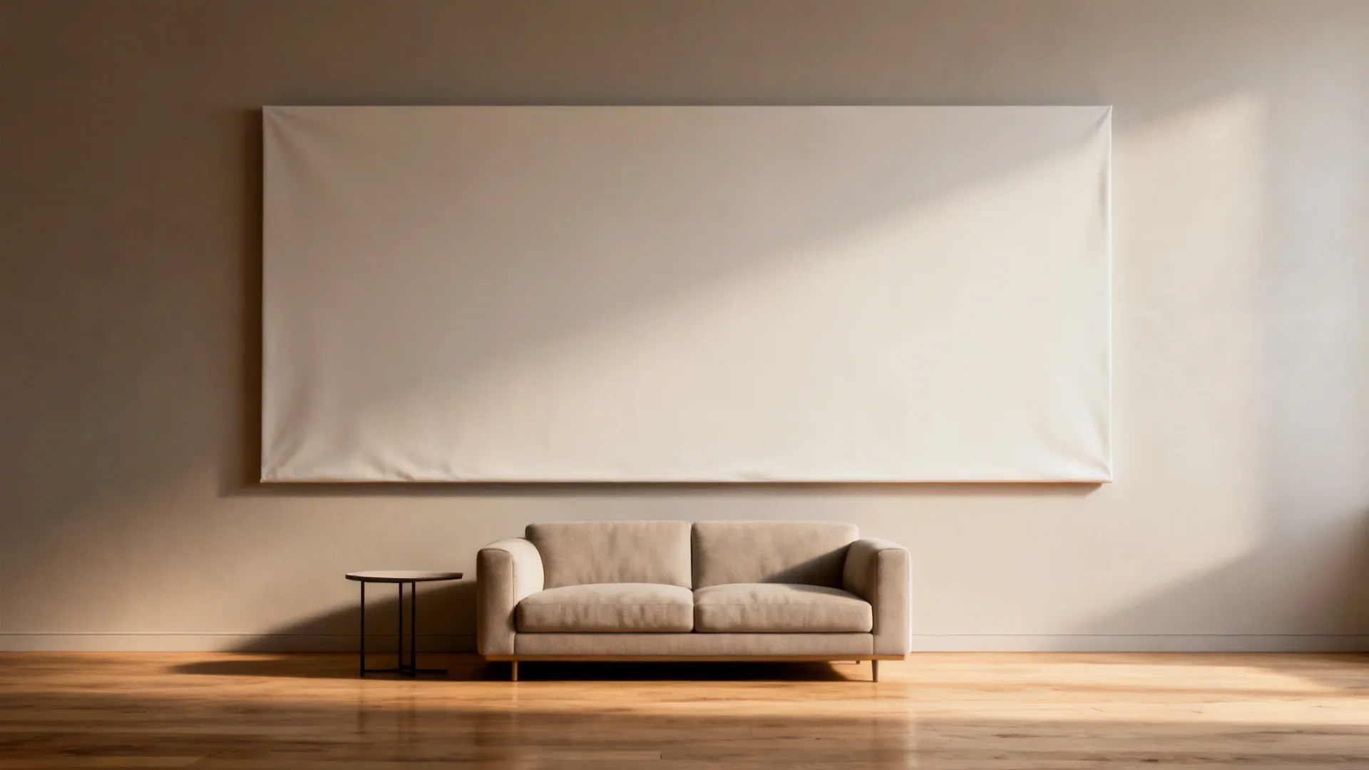 Small living room with a large fabric panel above a two-seater sofa creating an anchored focal point.