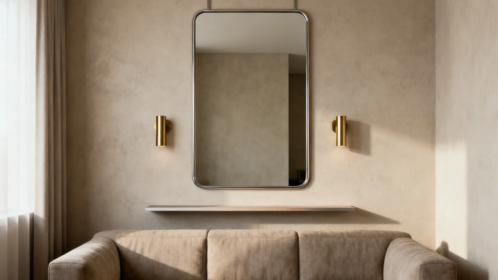 Oversized single mirror above a sofa doubling perceived depth and bouncing light in a modern living room.