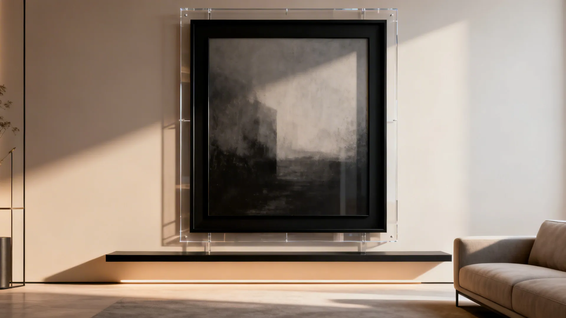 Small living room anchored by one oversized black-framed artwork and minimal decor.