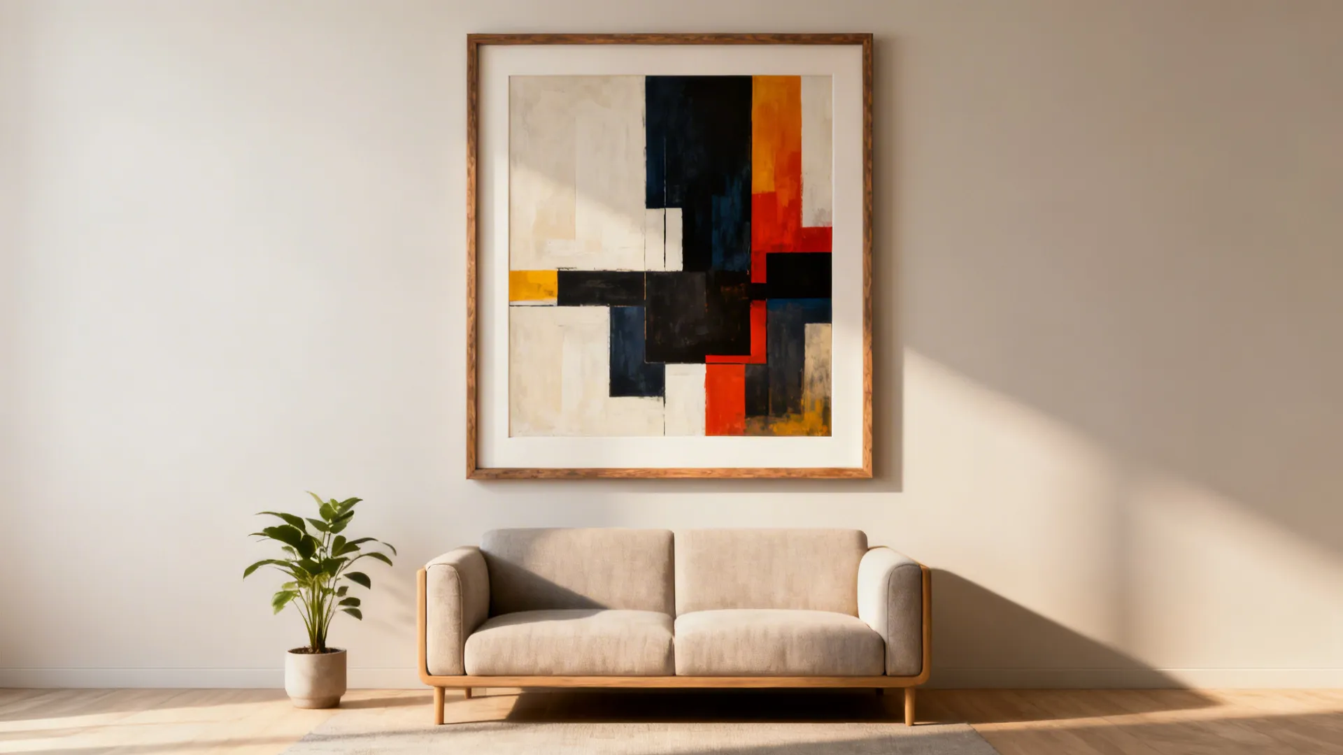 Small living room with one oversized statement frame above the sofa.