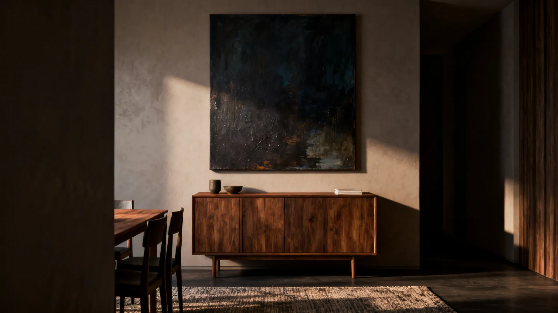 Small dining area anchored by an oversized deep-toned abstract canvas above a buffet.