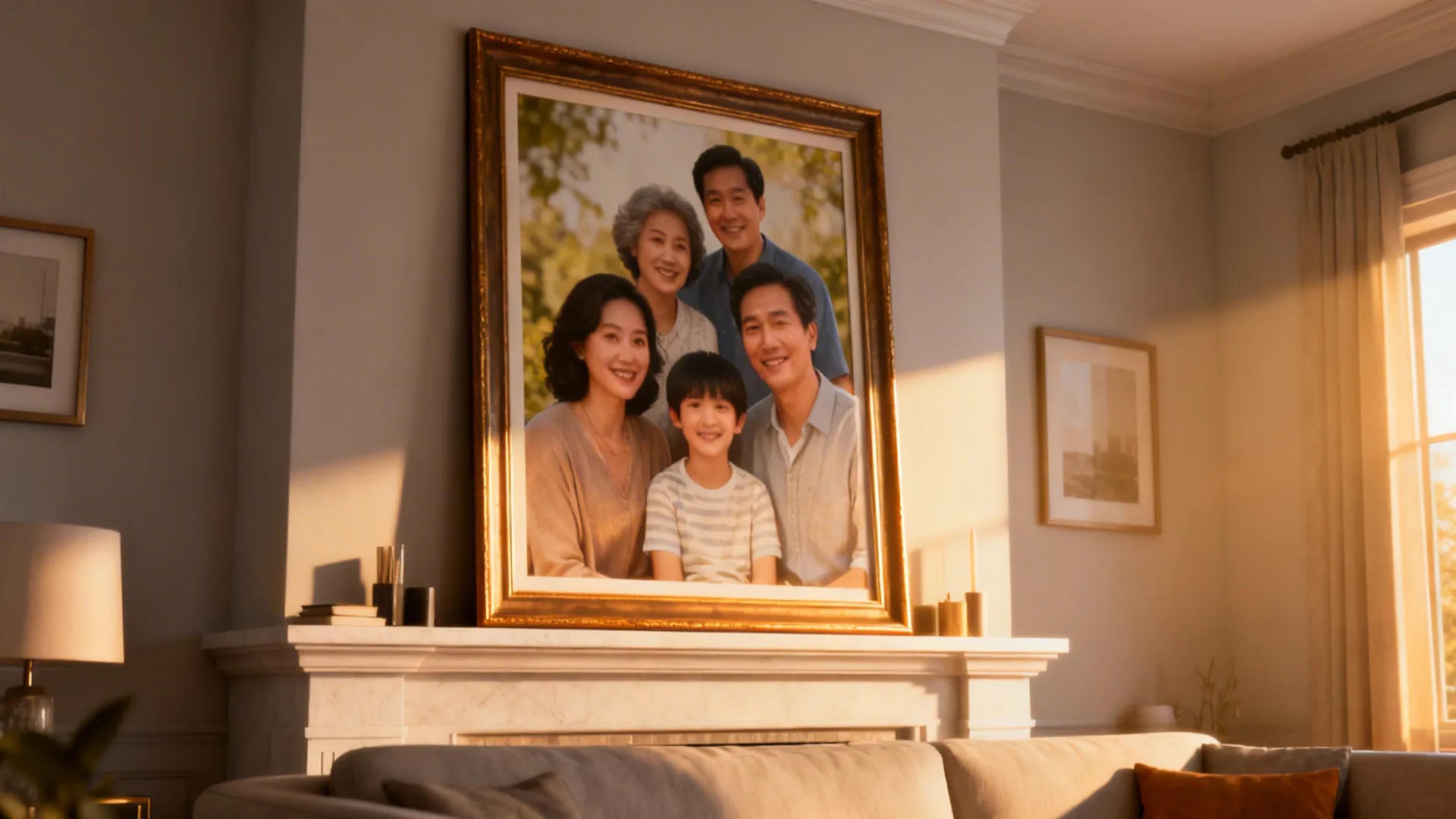 Large family photo in gold frame hanging above white fireplace mantel in a bright room