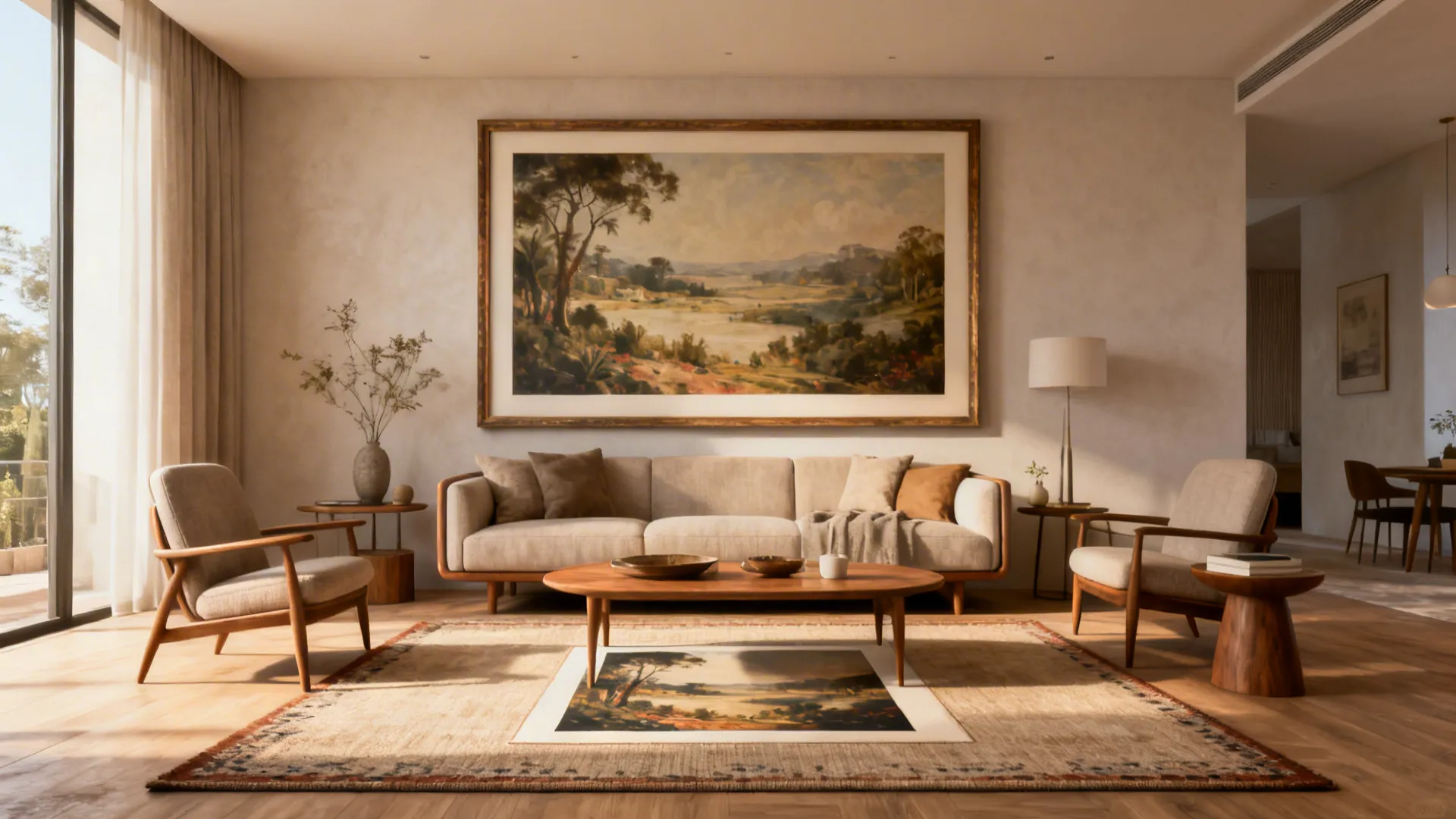 Living room centered around an oversized statement frame above the sofa.