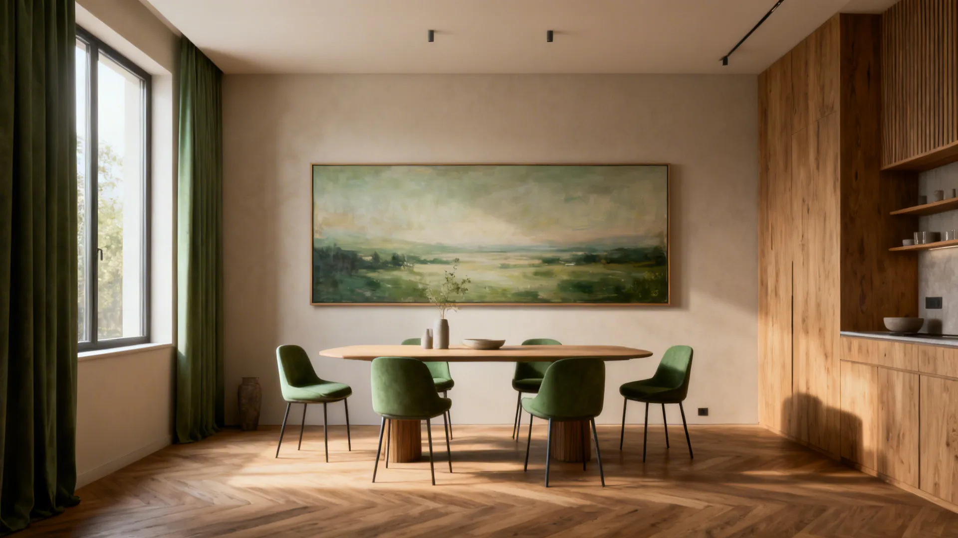 Small dining area anchored by an oversized horizontal painting, creating visual width.