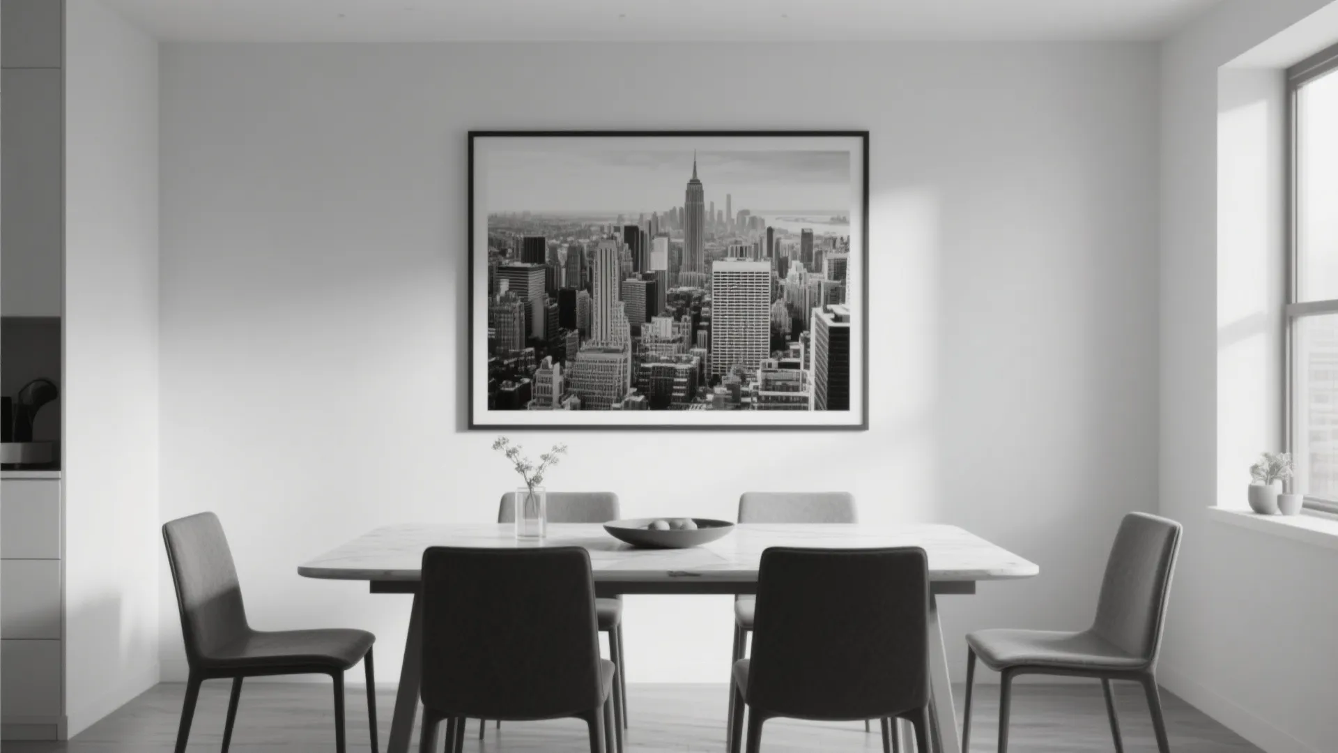 Modern dining room featuring large black and white city wall art above a marble table