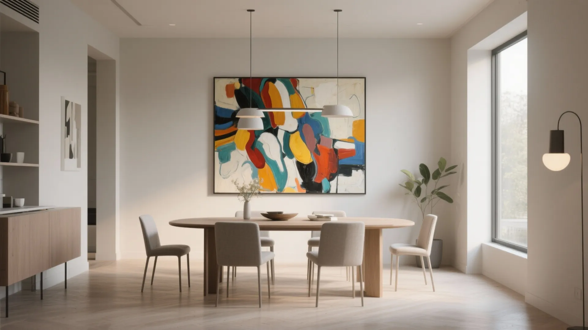 Bright dining area featuring colorful abstract wall art wooden table grey chairs and white walls