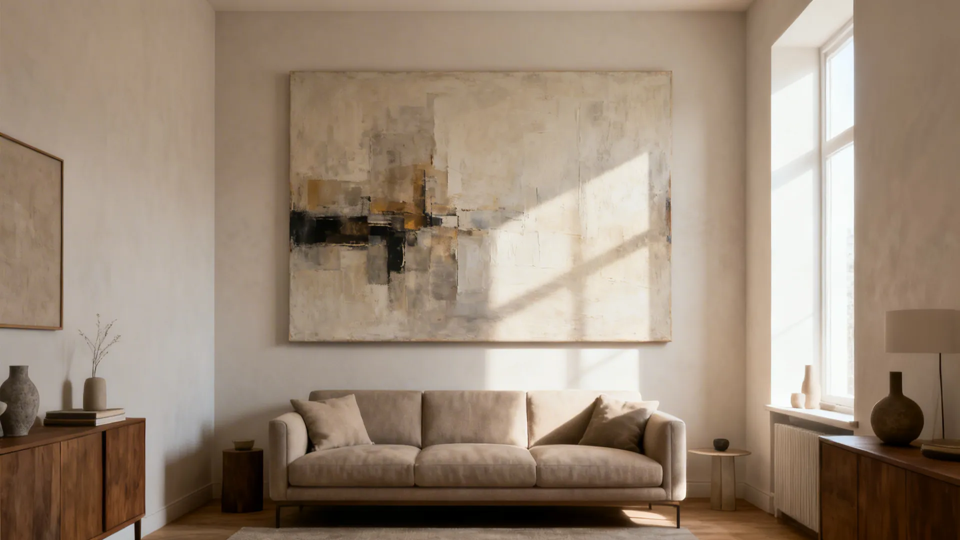 Small living room with one oversized abstract canvas above the sofa anchoring the space