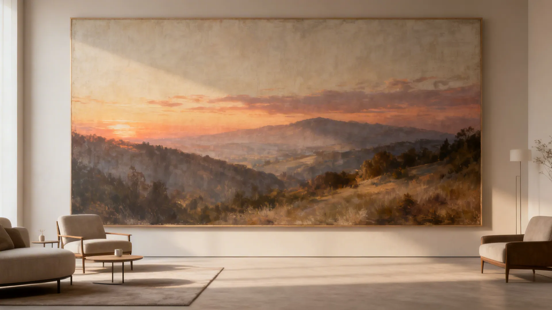 Living room featuring an oversized single canvas mural as the focal point with minimalist decor.