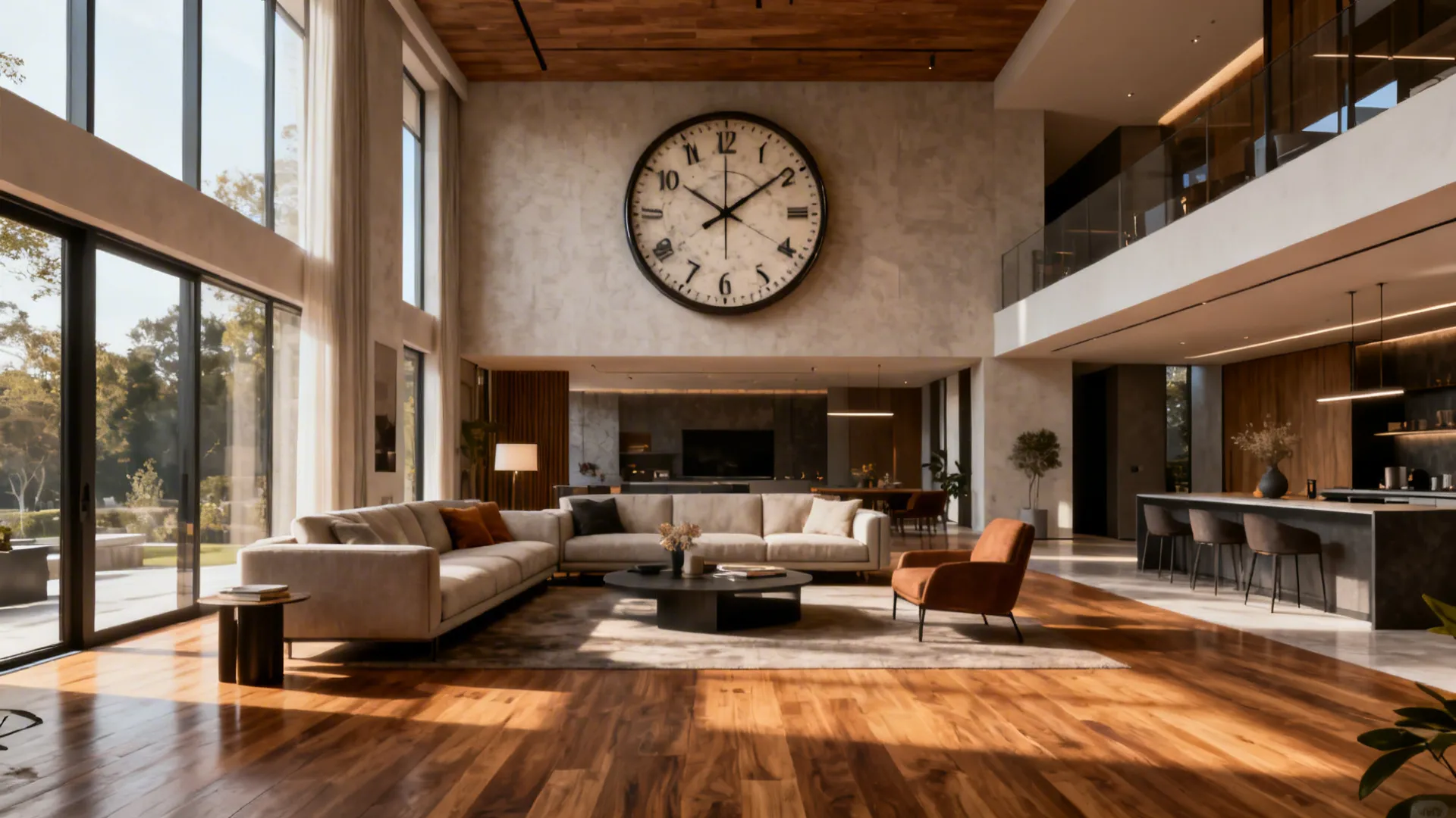 Open-plan living room with a large oversized clock anchoring the seating area beneath high ceilings.