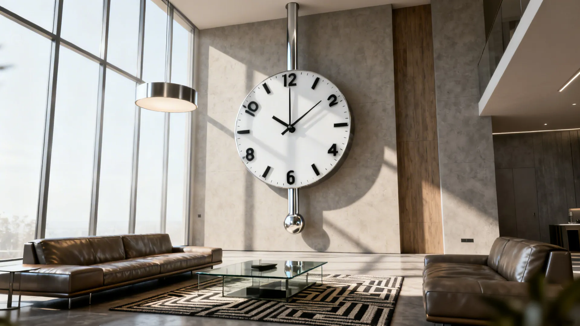 Modern living room with large windows huge wall clock leather sofas and glass coffee table