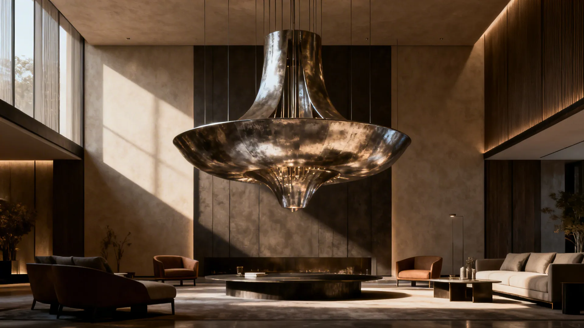 Living room centered by an oversized sculptural metal chandelier with furniture adjusted for scale.