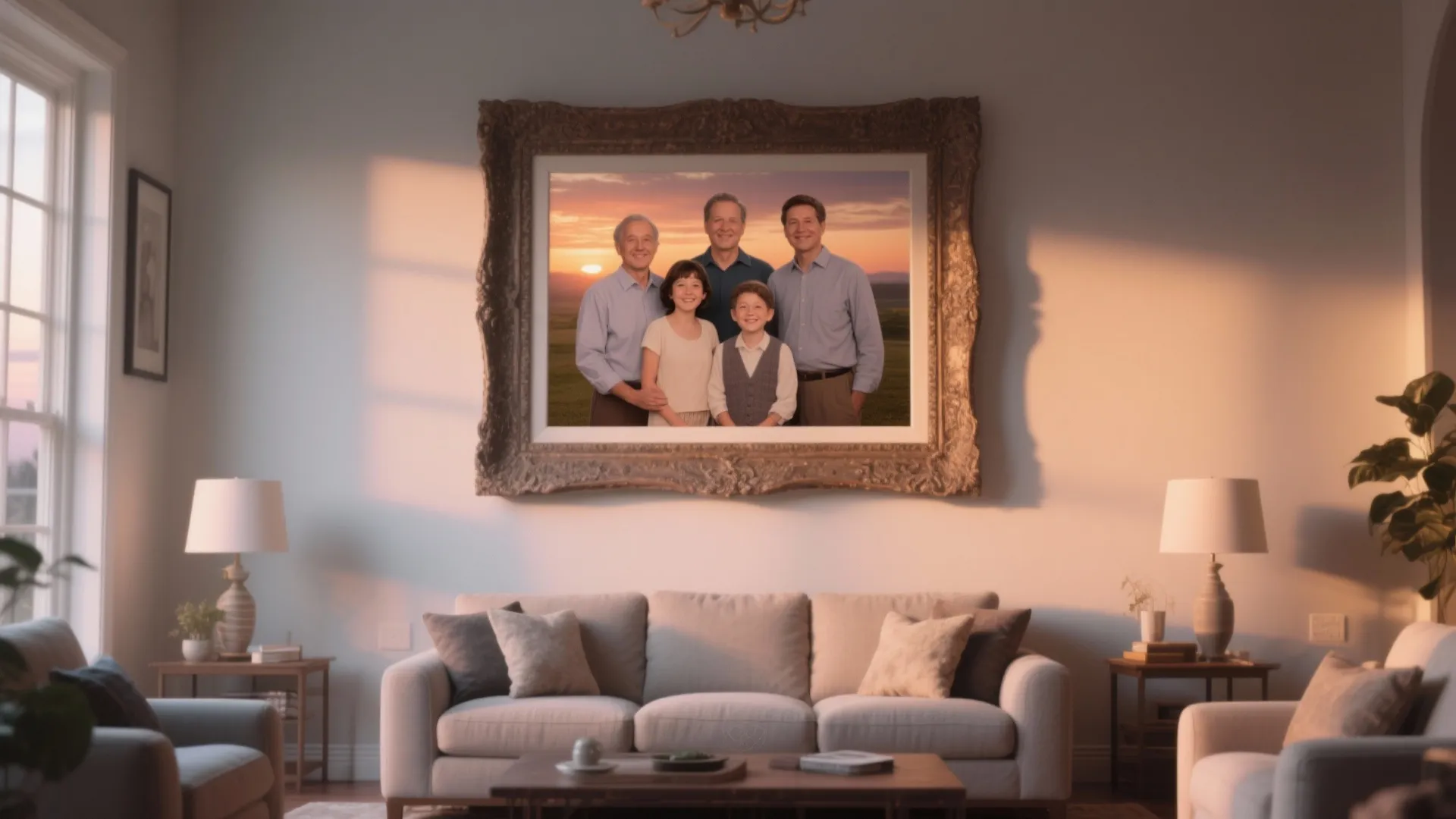 Large family portrait in a decorative frame hanging above a beige sofa with two lamps