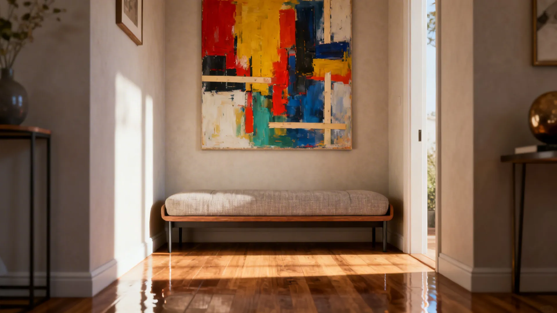 Small living room with a bold oversized abstract canvas above a slim sofa