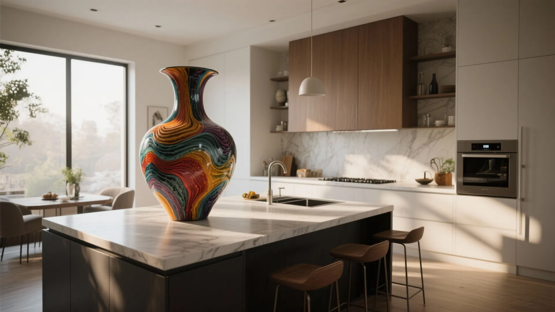 Oversized sculptural vase as centerpiece on kitchen island