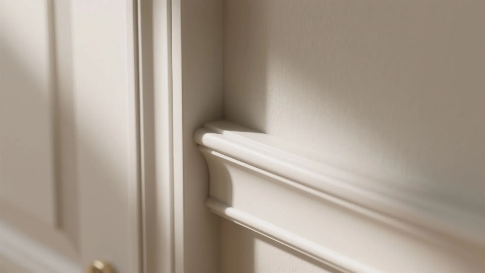 Close up view of white wall panel details showing clean lines and soft natural light
