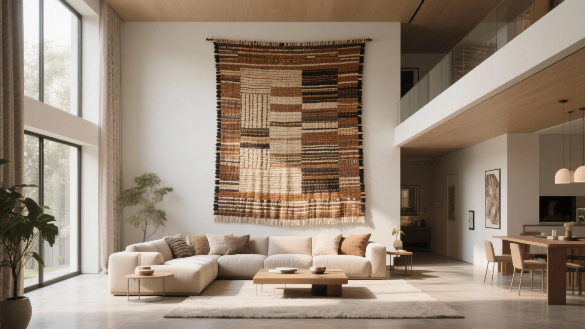 Large handwoven tapestry on double-height living room wall