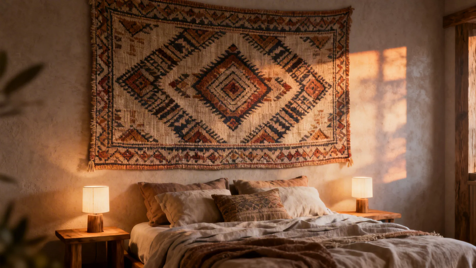 Cozy master bedroom with an oversized woven tapestry hung above the bed and warm layered bedding.