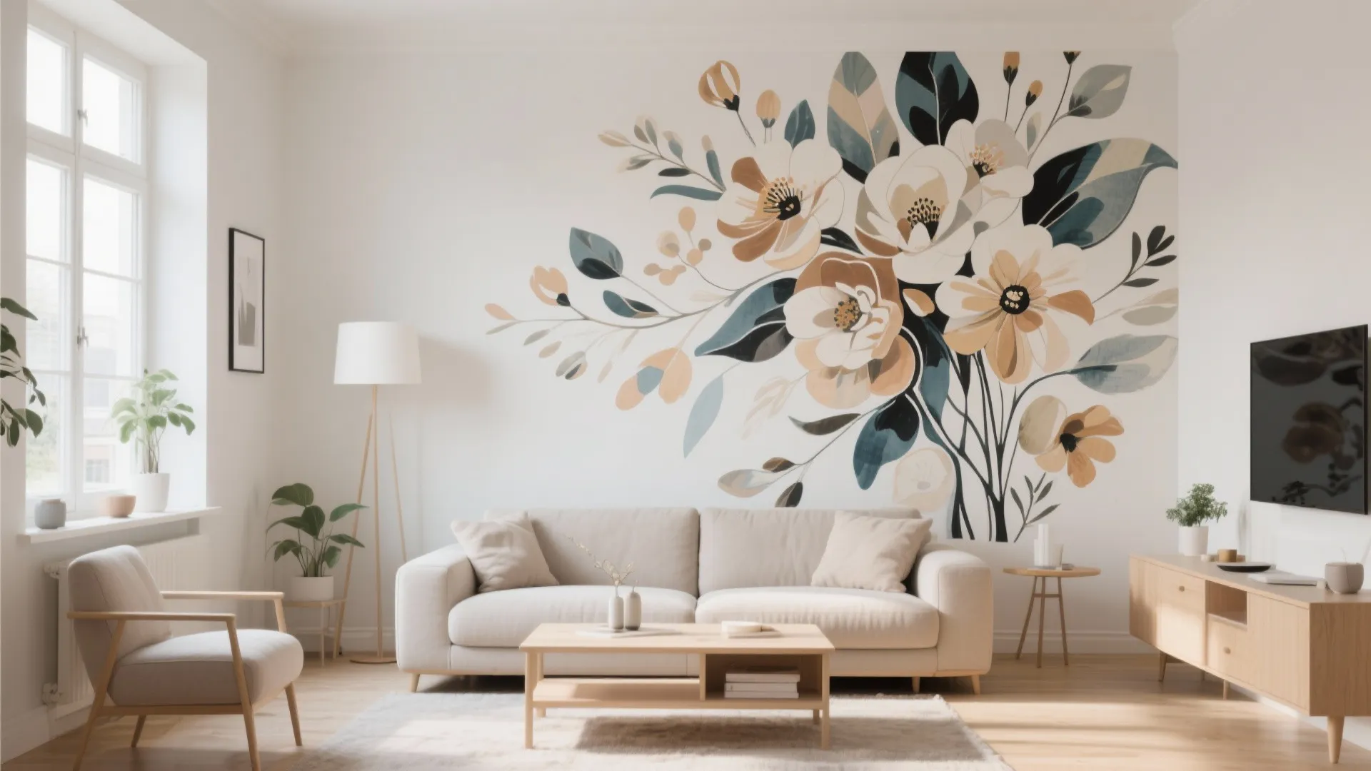 Bright living room with white sofa and a large floral wall sticker behind the furniture
